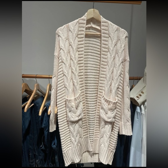 Cream Cable Knit Front Pocket Long Cardigan - Picture 9 of 12